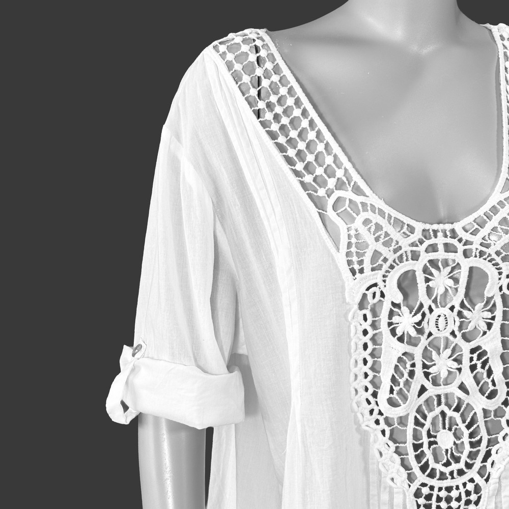 Swimsuits For All White Cotton Crochet Lace Pintuck Swim Cover Up Dress 14/16